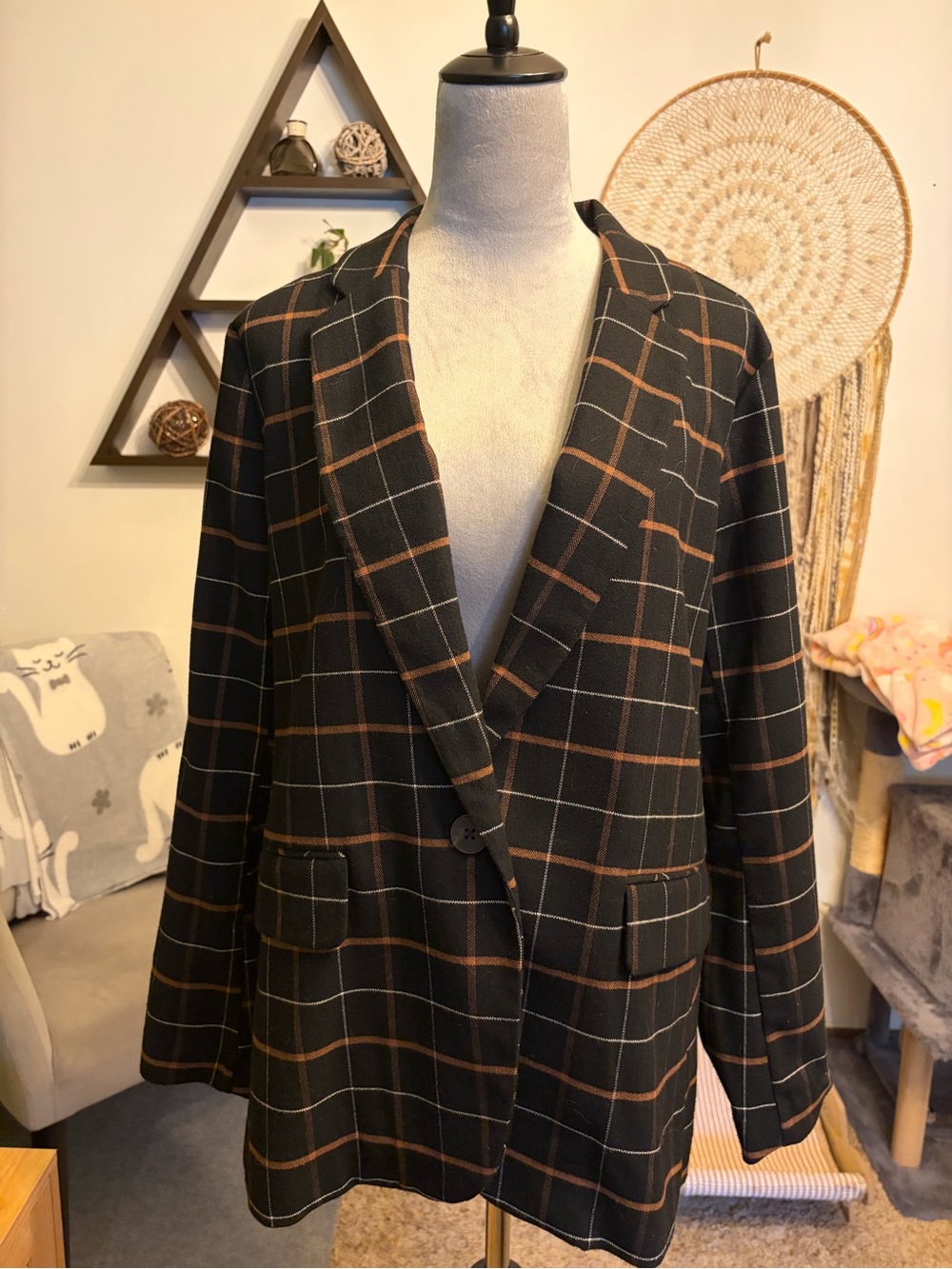 a.n.a Black Windowpane Blazer with Brown Grid